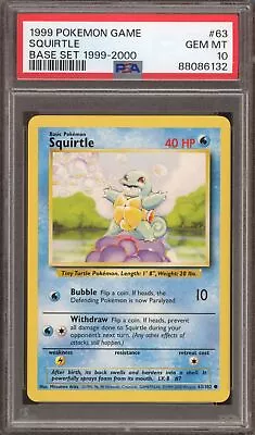 Pokemon Squirtle Base Set  4th Print  1999-2000 #63 PSA 10 Gem Mint • $31