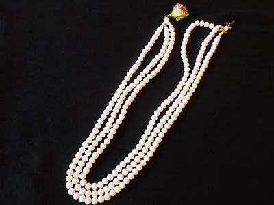 Vintage Multi Strand Glass White Beads Necklace Porcelain Hand Painted Clasp 17  • $20