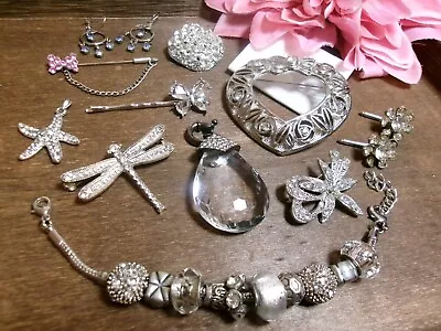 Estate/Retro/Vintage~Now Unsigned Eclectic Silver Tones Jewelry Lot~Rhinestones • $15