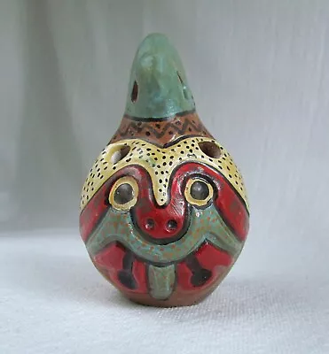 Vtg Ocarina 8-Hole Clay Whistle Flute Pendant Hand Painted Folk Art Face Peru 3  • $14.75