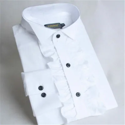 Mens Gents Cotton Wing Collar White Ruffled Front Slim Shirt Party Formal Blouse • $32.69