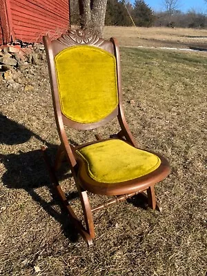 Vintage Antique Mid Century Wood Green Velvet Folding Rocking Sewing Chair • $215