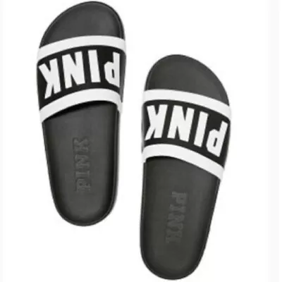 FLAW Victorias Secret VS PINK White Black Logo Strap Rubber Slides Sandal L 9-10 • $34.99