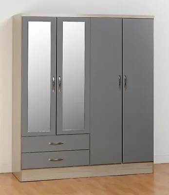 £289.99 • Buy Nevada Light Grey Oak & Grey Gloss 4 Door 2 Drawer Mirrored Wardrobe