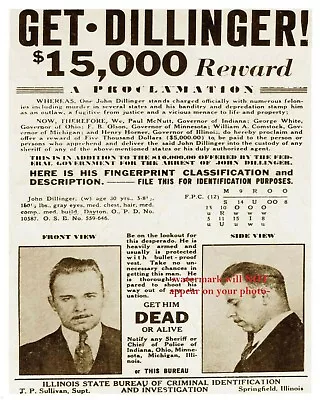 8x10 John Dillinger Wanted Poster PHOTO Prohibition Gangster Illinois REWARD • $13.88