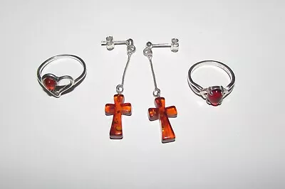 Amber Sterling Silver Cross Heart Jewelry Set Earrings Rings • $15