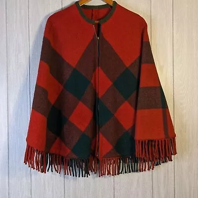 VTG Poncho Red Green Full Zip Plaid 100% Wool Fringed EUC OSFM • $24.99