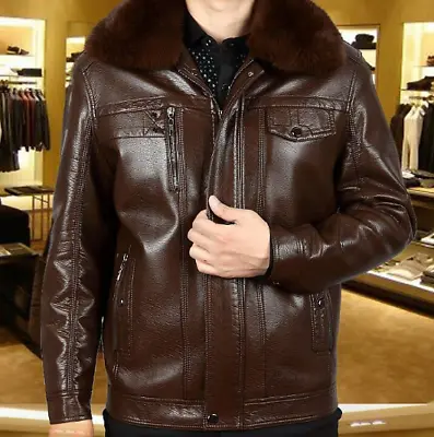 Mens Blend Leather Coats Fur Lapel Collar Casual Plush Jacket Fashion Slim Warm  • $64.71