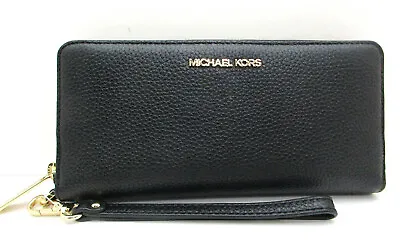 NWT MICHAEL KORS Jet Set Travel Large Continental Leather ZA Wallet Black/Gold • $84.98