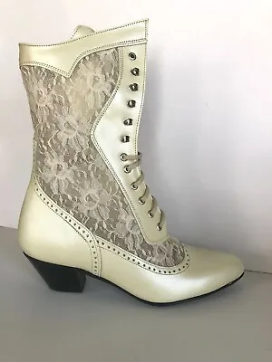 Ivory Leather And Lace Cathedral Oak Tree Western Victorian Boots Size 6 • $45