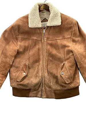 Vintage Saddlery Suede Leather Sherpa Lined Bomber Jacket Mens Tan Medium Coat • $47.99