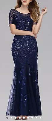 Zapaka Size 14 (XL) Navy Blue Mermaid Sequin Long Dress Prom Cocktail New • £24.99