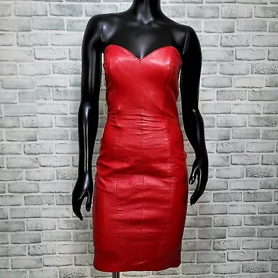 Vintage 90s Michael Hoban North Beach Leather Vixen Red Strapless Mini Dress • $379.99