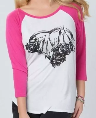 Nwt Womens Metal Mulisha Sanctuary Pink & White Raglan Top Shirt Tee M Medium • $9.95