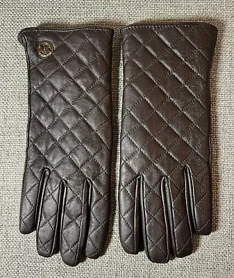 Michael Kors Genuine Leather Gloves Quilted Dark Brown XL Gold Logo Charm MINT • $48.95