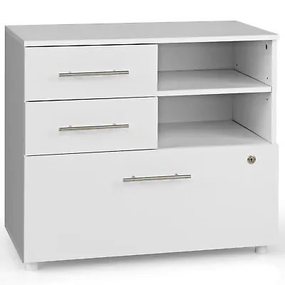 $155.95 • Buy 3 Drawer Lateral File Cabinet Wood Printer Stand W/2 Open Storage Shelves White