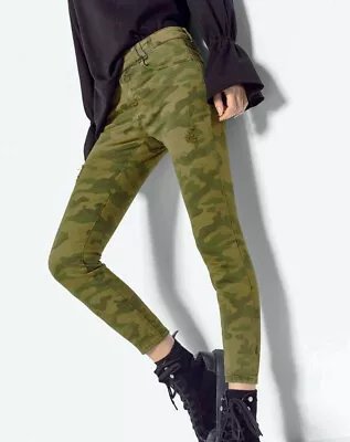 ZARA Camo Camouflage Damaged Distressed Skinny Trousers Pants 5520/258 Khaki 2 • $39.99