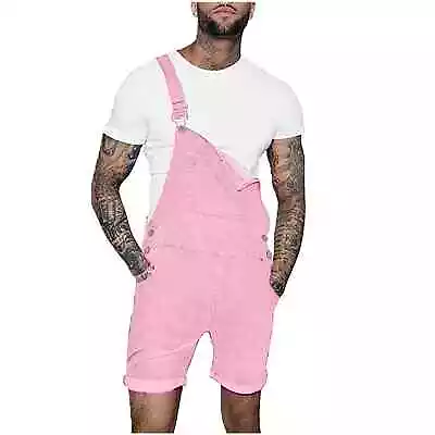 Men's Classic Fit Mid-Rise Suspender Straps Cuffed Hem Shorts Denim Overall • $15.99