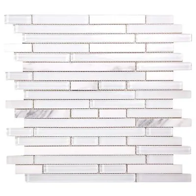 Leto White Mosaic Carrara Marble & Glass Tile Linear Kitchen Bathroom Backsplash • $30.03