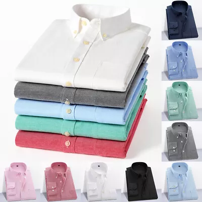 Men Casual Work Shirt Long Sleeve Cotton Oxford Collar Formal Button Down Shirts • £12.45