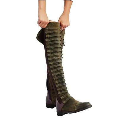 NEW Women Vtg Look Real Leather Suede Over The Knee Sz 9 Combat Boots Flat Biker • $56