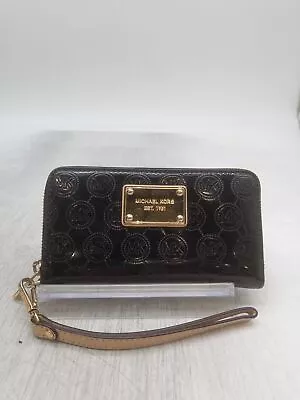 Michael Kors Black Embossed Logo Patent Leather Wallet Wristlet Handbag Purse • $14.99