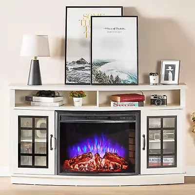 Curved Fireplace TV Stand With 26'' Electric Fireplace Media Entertainment Cent • $600.35