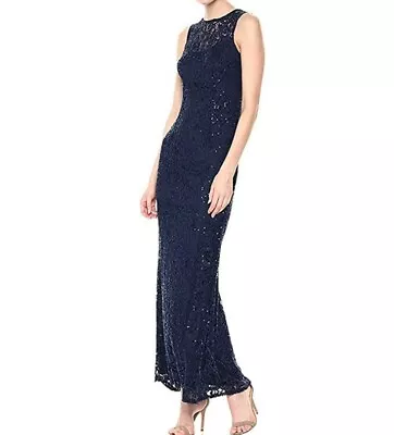 NEW MARINA Sequin Lace Gown Dress Sz 6 Navy Blue Sleeveless Sheath Keyhole Back • $33.99