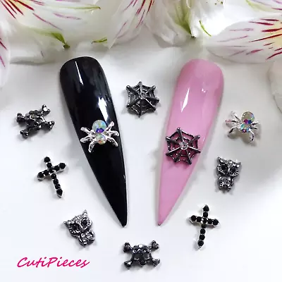 Halloween 3D Nail Art Black Rhinestone Skullxbone Webs Cross Owl Alloy Metal HW5 • $4.91