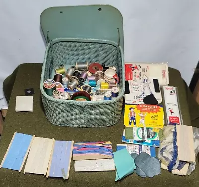 Vintage BLUE Wicker Sewing Basket By Princess RARE BLUE Harvey Square + Contents • $32