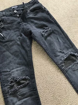 ZARA Man Skinny Jeans 30 BLACK Distressed Denim Button Industrial SLIM Stretch • $23.80