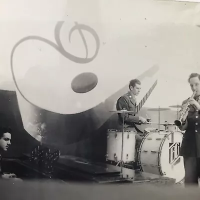 Vintage Black And White Photo Three Piece Band Military Men Piano Drums Horn • $6.69