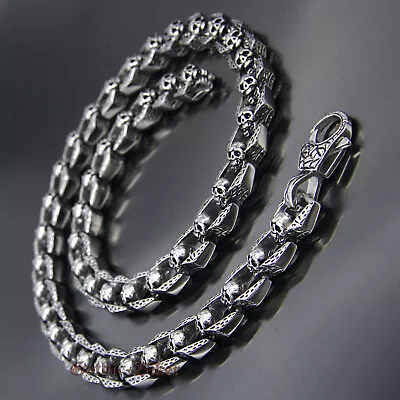 Mens HEAVY Skull Link Necklace Gothic Rocker Stainless Steel Chain Biker Jewelry • $33.29