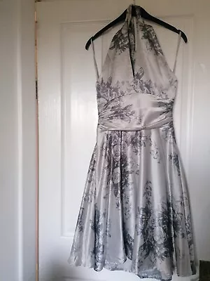 COAST Grey Silver Floral Halterneck  Fit Flare Silk Dress Wedding Races Sz 8 • £38