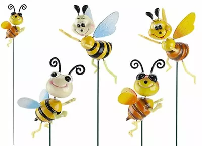 Set Of 4 Happy Bees On A Stick Garden Ornament Decoration Novelty Bright • £10.99