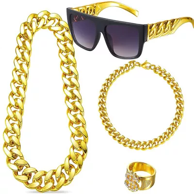 4Pcs Bling Gold Chain Ring Gangster Hip-Hop Rapper Cosplay Costume Accessory Set • £15.09