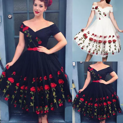 Women's 50s Vintage Embroidered Rockabilly Party Rose Floral Retro Dress Wedding • $46.52