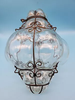 Vintage Balboa Venetian Hand Blown Glass Caged Hanging Light Fixture MCM • $269