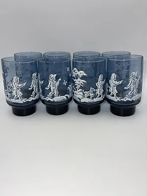 Vintage Libby Blue Glass Mary Gregory Hand Painted Glasses Set Of 8 • £39.53