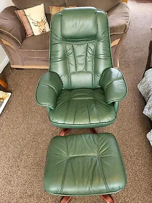 £299.99 • Buy Daneway Green Leather Reclining Swivel Chair And Foot Stool Bison VGC