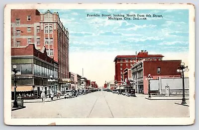 Michigan City Indiana~Franklin Street North @ 8th~Downtown~Hotel~1920s Postcard • $12
