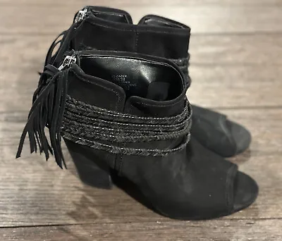BCBGeneration Cinder Peep Toe Fringe Leather Heeled Booties Boho Western Sz 8 • $24.57