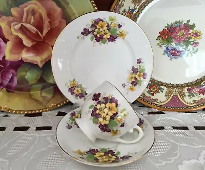 Vintage Salisbury Bone China England Purple & Yellow Floral Pattern Trio C1950's • $29.99