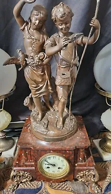 Brass & Marble Statue Mantle Clock By French Artist Emile Laporte 1800s  • $449