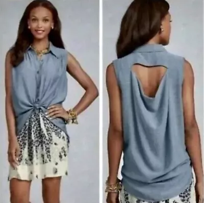 CAbi Blue Chambray Style 387 High Low Cut Out Sleeveless Button Up Top Medium • $18