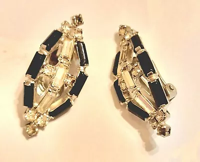 £25.57 • Buy Vintage Black-and-white Rhinestone Clip On Earrings Silver Tone 1960s