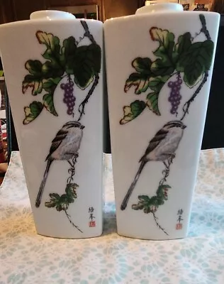 Vintage Bird & Grapes Wall Pocket Vase - Japanese Porcelain Signed - LOT Of TWO • $39.99