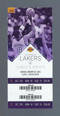 2015-2016 Nba Hornets @ Lakers Full Ticket - Kobe Bryant Final Season - Jan 31 • $17