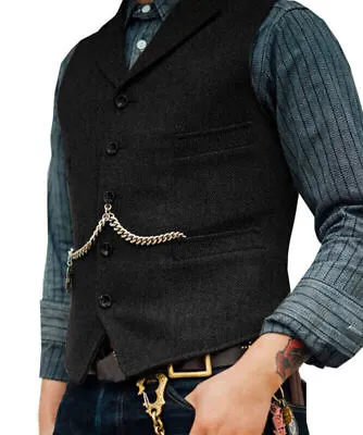 Mens Tweed Waistcoat Herringbone Lapel Vintage Casual Slim Fit Black Notch Vest • $20.89