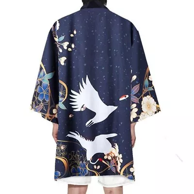 Men Women Long Kimono Coat Japanese Crane Cardigan Outwear Bathrobe Yukata Top • £20.39